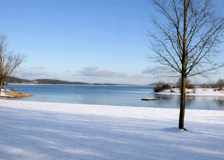 Winter am Großen Brombachsee, verschneite Ufer und ruhiges Wasser